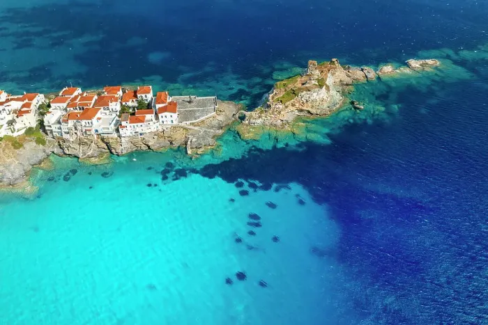 Framed Print : Aerial drone view of iconic and picturesque Andros (Chora) Andros Island, Cyclades, Greek Islands, Greece, Europe