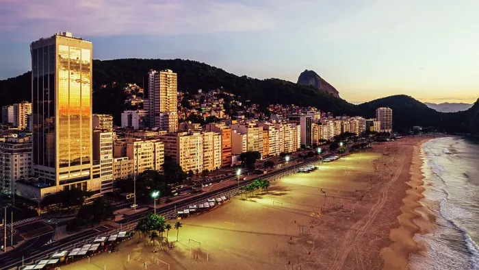 Framed Print : Aerial drone view of Leme Beach in the Copacabana district at sunrise with the iconic Sugarloaf Mountain in the background, UNESCO World Heritage Site, Rio de Janeiro, Brazil, South America