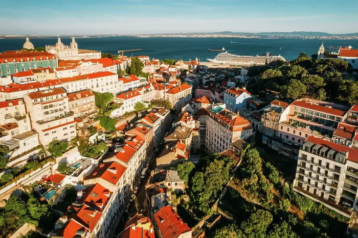 Framed Print : Aerial drone view of Miradouro da Graca with National Pantheon visible on far left, and large cruise ship moored on the Tagus River harbour, Lisbon, Portugal, Europe Framed Print : Aerial drone view of Miradouro da Graca with National Pantheon visible on far left, and large cruise ship moored on the Tagus River harbour, Lisbon, Portugal, Europe