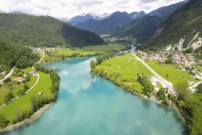 Framed Print : Aerial drone view of Most na Soci town in Slovenia and Soca river, Slovenia Framed Print : Aerial drone view of Most na Soci town in Slovenia and Soca river, Slovenia