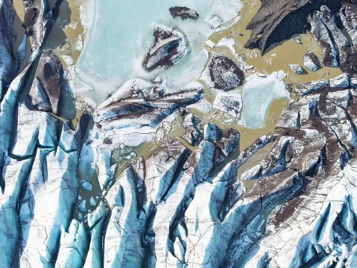 Framed Print : Aerial drone view of particular ice textures formed in the Svinafellsjokull glacier following global warming, Iceland, Polar Regions