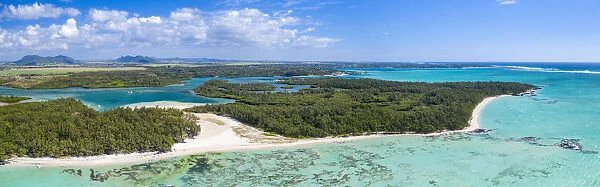 Aerial by drone of white sand beach and turquoise tropical lagoon, Ile Aux Cerfs, Flacq