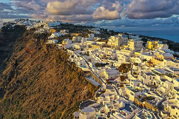 Aerial of Fira at sunset, Santorini, Cyclades, Greek Islands, Greece, Europe