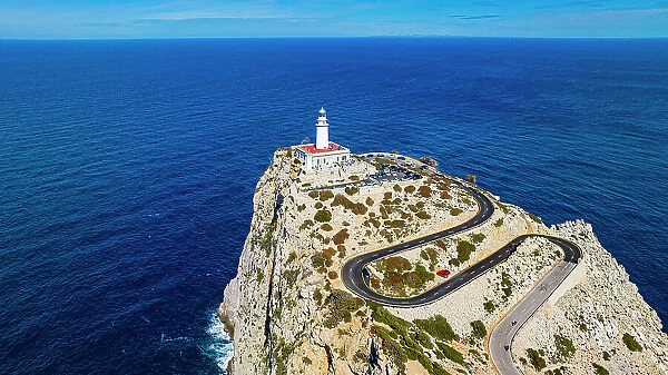 Aerial of the Formentor lighthouse, Mallorca, Balearic Islands, Spain, Mediterranean, Europe
