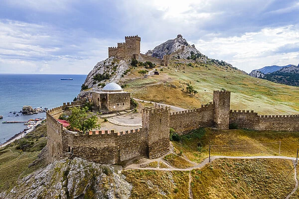 Aerial of the Genoese fortress of Sudak, Crimea, Russia, Europe