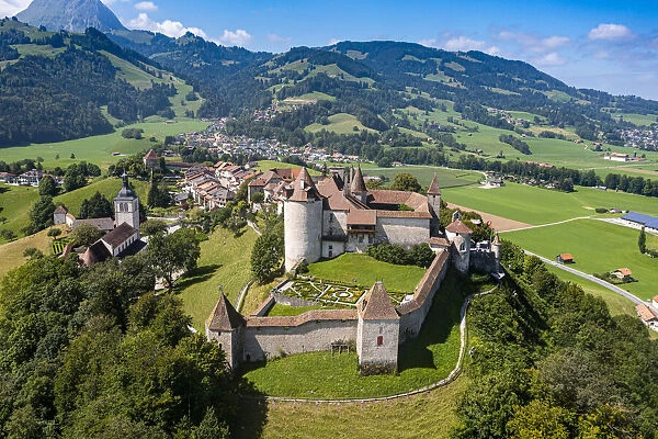 Aerial of Gruyere Castle, Fribourg, Switzerland, Europe
