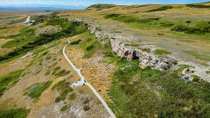 Framed Print : Aerial of the Head Smashed in Buffalo Jump, UNESCO World Heritage Site, Alberta, Canada, North America Framed Print : Aerial of the Head Smashed in Buffalo Jump, UNESCO World Heritage Site, Alberta, Canada, North America