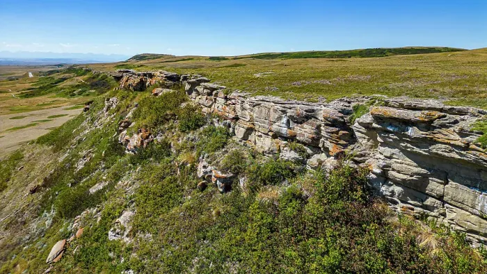 Framed Print : Aerial of the Head Smashed in Buffalo Jump, UNESCO World Heritage Site, Alberta, Canada, North America Framed Print : Aerial of the Head Smashed in Buffalo Jump, UNESCO World Heritage Site, Alberta, Canada, North America