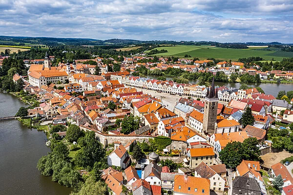 Aerial of the historic center of Telc, UNESCO World Heritage Site, South Moravia