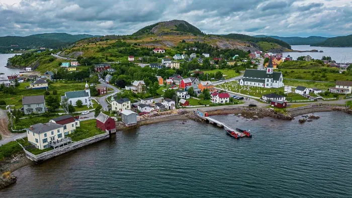 Framed Print : Aerial of the historic town of Trinity, Bonavista Peninsula, Newfoundland, Canada, North America