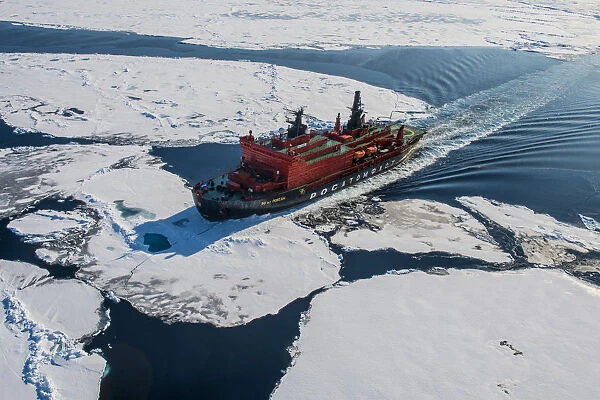 Aerial of the Icebreaker 50 years of victory on its way to the North Pole, Arctic
