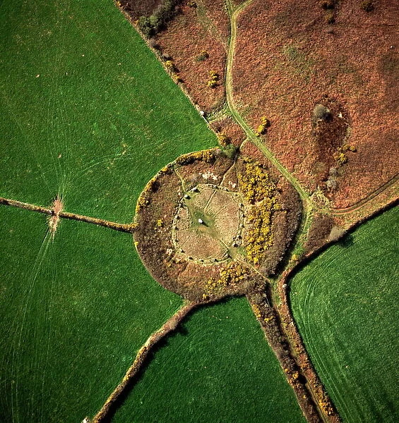 Aerial image of Boscawen-Un Stone Circle, with gorse flowers, St. Buryan