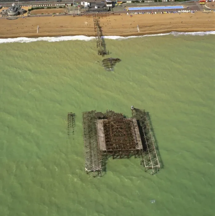 Framed Print : Aerial image of the burnt-out West Pier, Brighton, Sussex, England, United Kingdom Framed Print : Aerial image of the burnt-out West Pier, Brighton, Sussex, England, United Kingdom