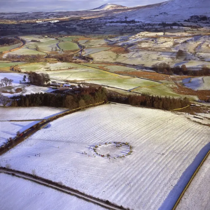 Framed Print : Aerial image of Castlerigg Stone Circle, a prehistoric monument in snow Framed Print : Aerial image of Castlerigg Stone Circle, a prehistoric monument in snow