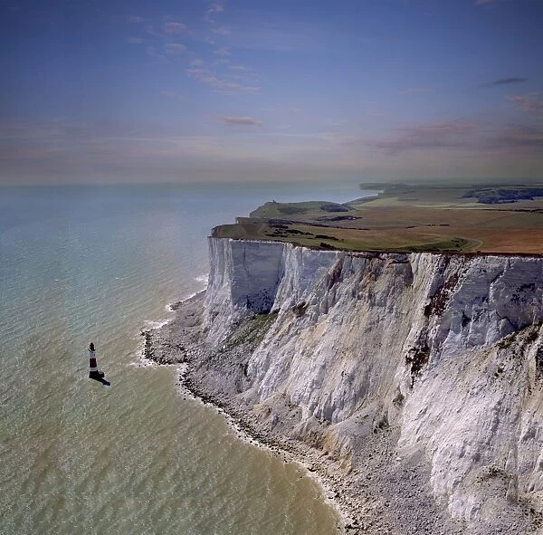 Aerial image of chalk cliffs and lighthouse, Beachy Head, near Eastbourne