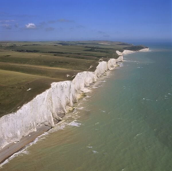 Aerial image of the chalk cliffs of the Seven Sisters, with Belle Tout lighthouse