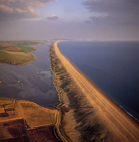 Aerial image of Chesil Beach (Chesil Bank), 29 km long shingle beach, a tombolo connecting mainland to the Isle of Portland, Jurassic Coast, UNESCO World Heritage Site, Dorset, England, United