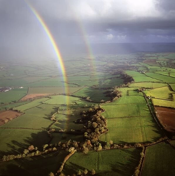 Aerial image of a double rainbow over the Somerset Levels, Somerset, England