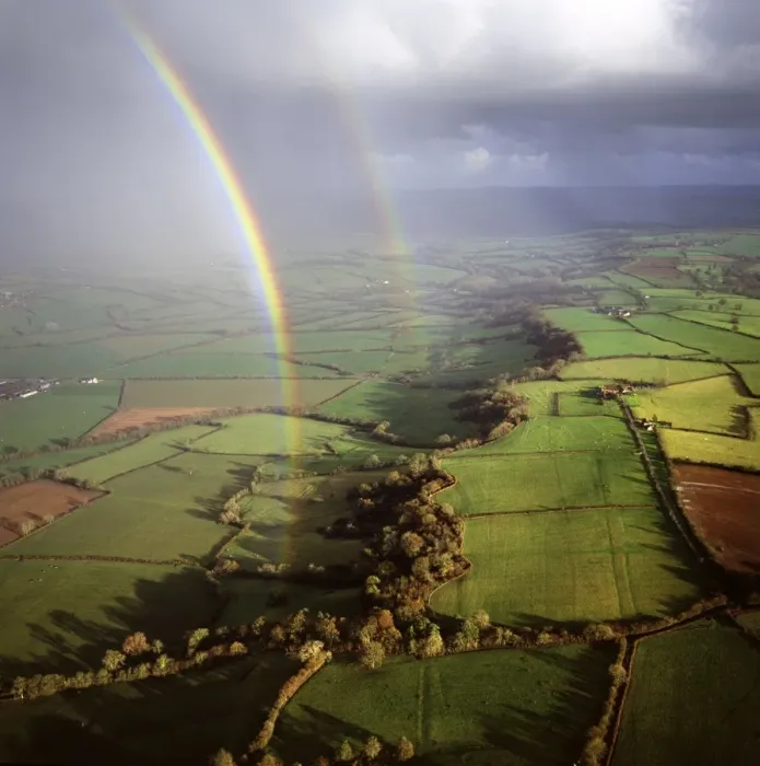 Framed Print : Aerial image of a double rainbow over the Somerset Levels, Somerset, England Framed Print : Aerial image of a double rainbow over the Somerset Levels, Somerset, England