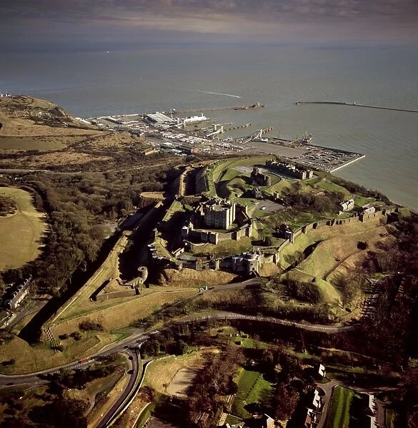 Aerial image of Dover Castle with Dover Harbour beyond, Kent, England, United Kingdom