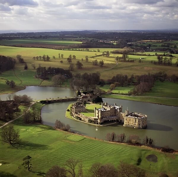 Aerial image of Leeds Castle and moat, a medieval castle, southeast of Maidstone