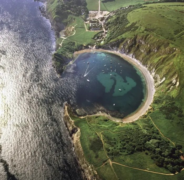 Framed Print : Aerial image of Lulworth Cove, a natural landform harbour, near West Lulworth Framed Print : Aerial image of Lulworth Cove, a natural landform harbour, near West Lulworth