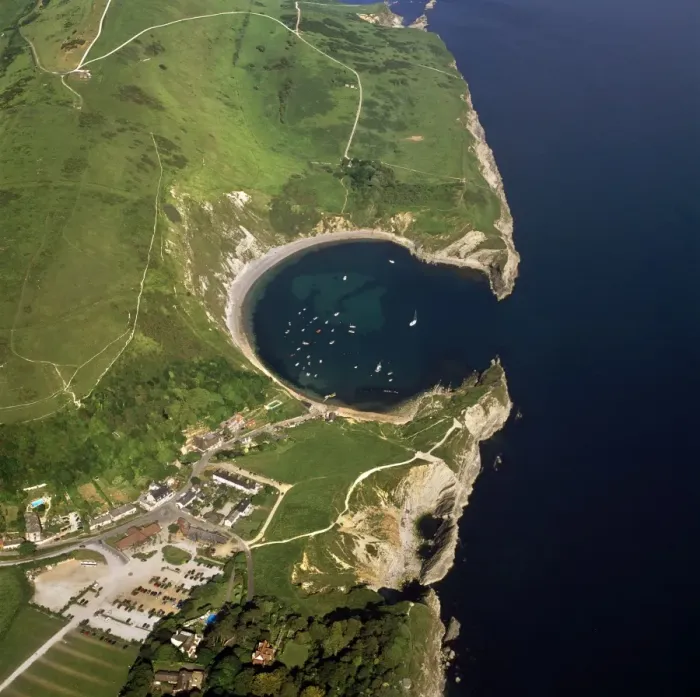 Framed Print : Aerial image of Lulworth Cove, a natural landform harbour, near West Lulworth Framed Print : Aerial image of Lulworth Cove, a natural landform harbour, near West Lulworth