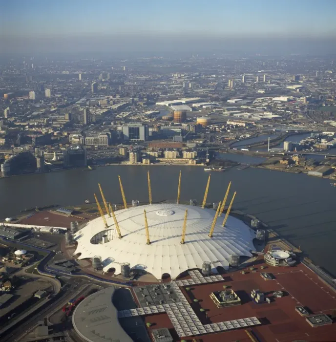 Framed Print : Aerial image of the Millennium Dome and the River Thames, Greenwich Peninsula