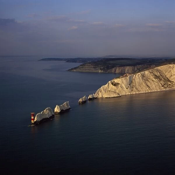 Aerial image of The Needles, a row of three chalk stacks, and Lighthouse