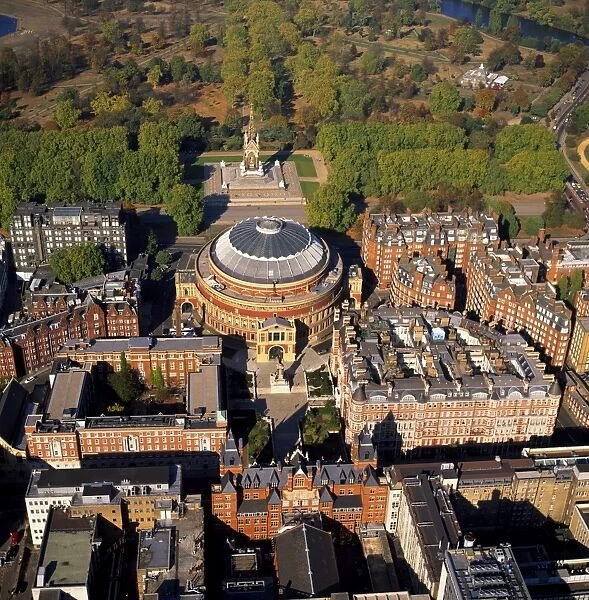 Aerial image of the Royal Albert Hall, and the Albert Memorial in Kensington Gardens