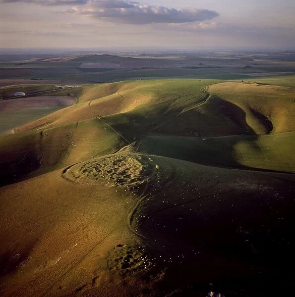 Aerial image of Rybury Camp, an Iron Age hill fort with Neolithic causewayed enclosure
