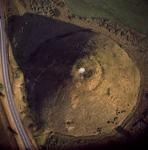 Aerial image of Silbury Hill, a prehistoric human-made chalk and clay mound near Avebury
