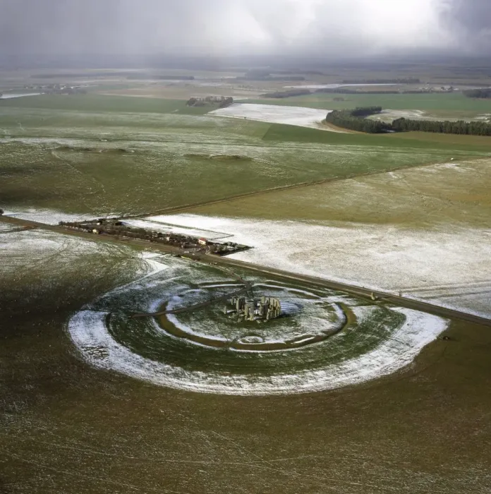 Framed Print : Aerial image of Stonehenge, prehistoric monument and stone circle in snow Framed Print : Aerial image of Stonehenge, prehistoric monument and stone circle in snow