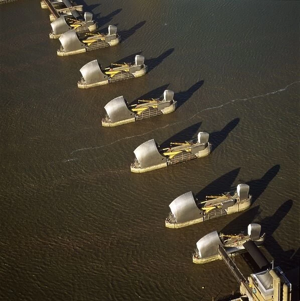 Aerial image of the Thames Flood Barrier across the River Thames, Woolwich Reach