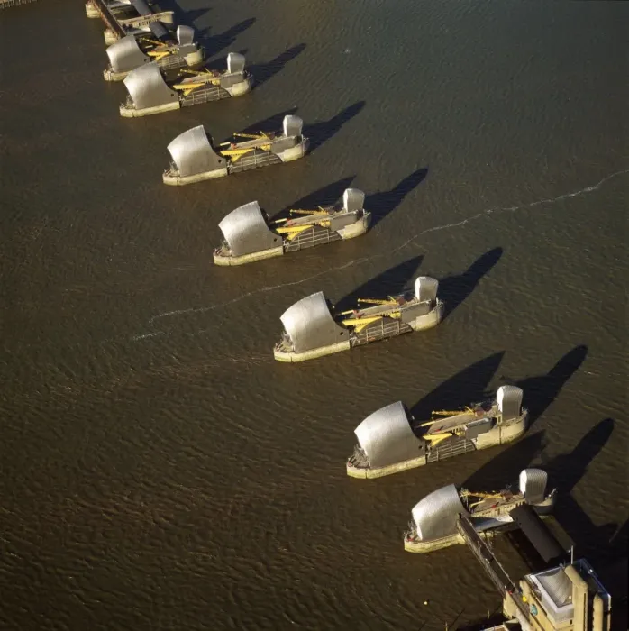Framed Print : Aerial image of the Thames Flood Barrier across the River Thames, Woolwich Reach Framed Print : Aerial image of the Thames Flood Barrier across the River Thames, Woolwich Reach
