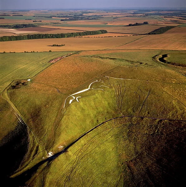 Aerial image of Uffington White Horse with Uffington Castle hill fort, Berkshire Downs