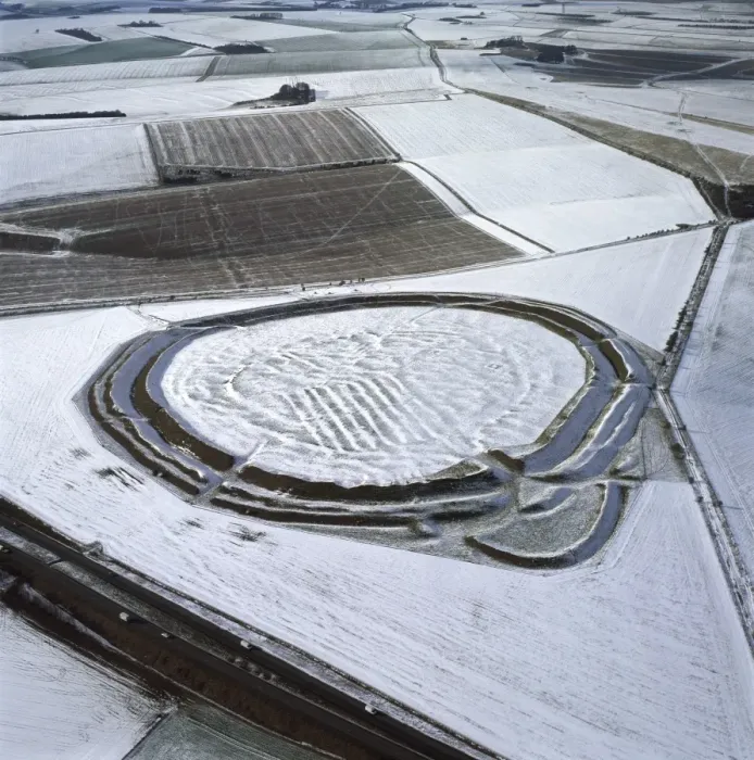 Framed Print : Aerial image of Yarnbury Castle, a hill fort, in snow, Wiltshire, England Framed Print : Aerial image of Yarnbury Castle, a hill fort, in snow, Wiltshire, England