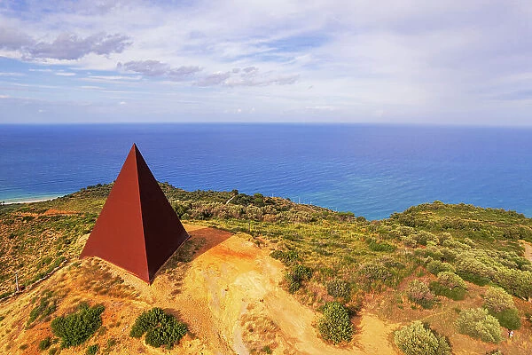 Aerial of the iron pyramid of Parallel 38 against the sea, Fiumara d'Arte, Motta d'Affermo, Nebrodi mountains, Messina province, Sicily, Italy, Mediterranean, Europe