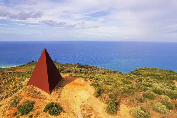Framed Print : Aerial of the iron pyramid of Parallel 38 against the sea, Fiumara d'Arte, Motta d'Affermo, Nebrodi mountains, Messina province, Sicily, Italy, Mediterranean, Europe Framed Print : Aerial of the iron pyramid of Parallel 38 against the sea, Fiumara d'Arte, Motta d'Affermo, Nebrodi mountains, Messina province, Sicily, Italy, Mediterranean, Europe