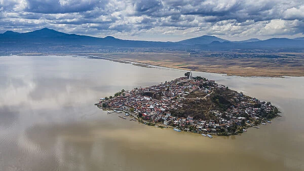 Aerial of the Janitzio island on Lake Patzcuaro, Michoacan, Mexico, North America