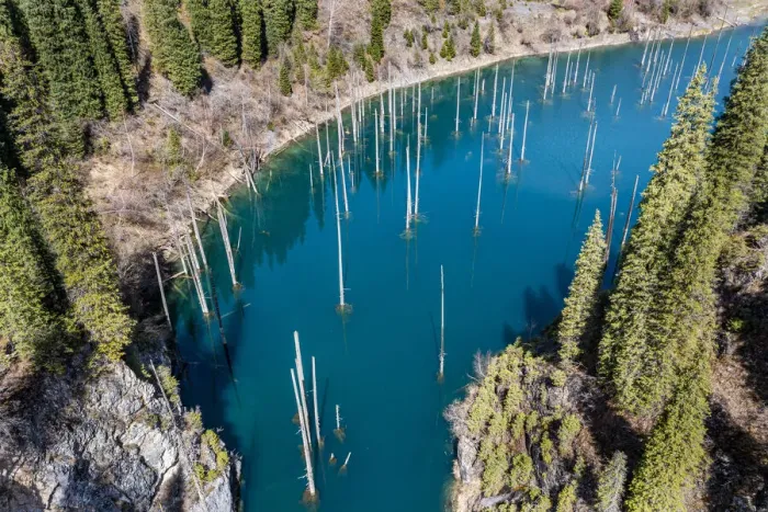 Framed Print : Aerial of the Kaindy Lake with its dead trees, Kolsay Lakes National Park, Tian Shan mountains, Kazakhstan, Central Asia, Asia Framed Print : Aerial of the Kaindy Lake with its dead trees, Kolsay Lakes National Park, Tian Shan mountains, Kazakhstan, Central Asia, Asia