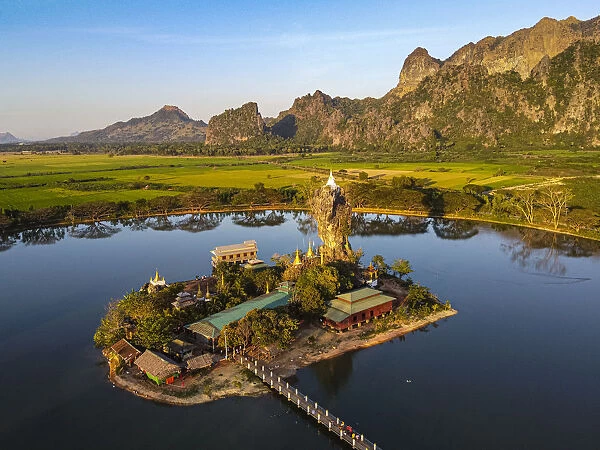 Aerial of the Kyauk Kalap pagoda, Hpa-An, Kayin state, Myanmar (Burma), Asia