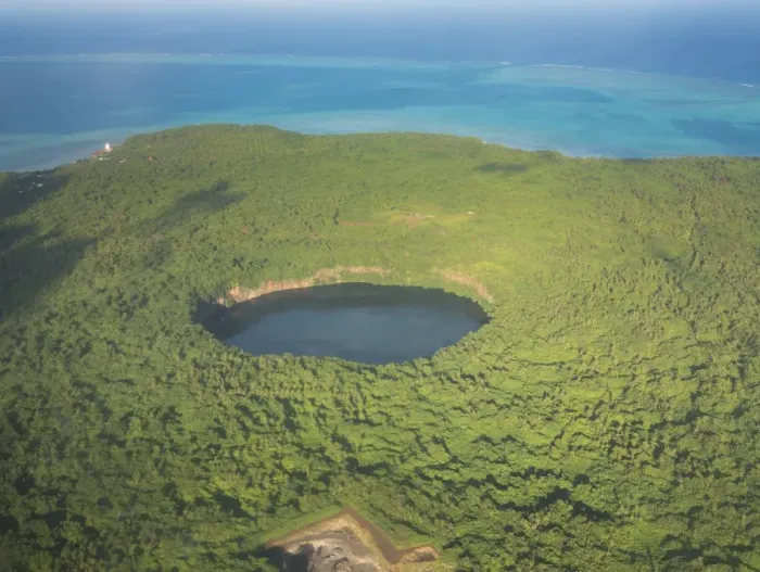Framed Print : Aerial of Lalolalo lake volcanic crater lake, center of Wallis, Wallis and Futuna