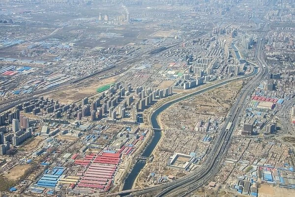 Aerial of the landscape and an industrial settlement around Bejing, China, Asia