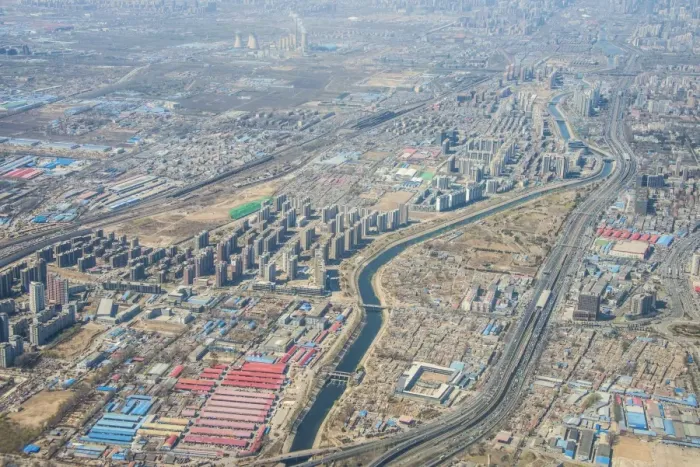 Framed Print : Aerial of the landscape and an industrial settlement around Bejing, China, Asia Framed Print : Aerial of the landscape and an industrial settlement around Bejing, China, Asia