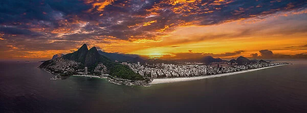 Aerial of Leblon beach, with Two Brothers Peak, Rio de Janeiro, Brazil, South America