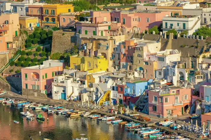 Framed Print : Aerial of Marina di Corricella, Procida, Flegrean Islands, Campania, Italy, Europe Framed Print : Aerial of Marina di Corricella, Procida, Flegrean Islands, Campania, Italy, Europe