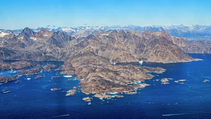 Framed Print : Aerial of the mountainous coastline around Kulusuk, Greenland, Polar Regions