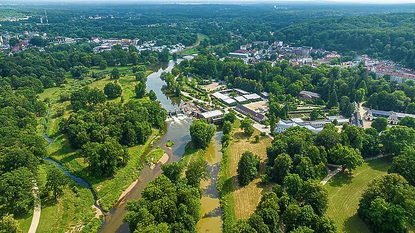 Aerial of Muskau (Muskauer) Park, UNESCO World Heritage Site, Bad Muskau, Saxony, Germany, Europe