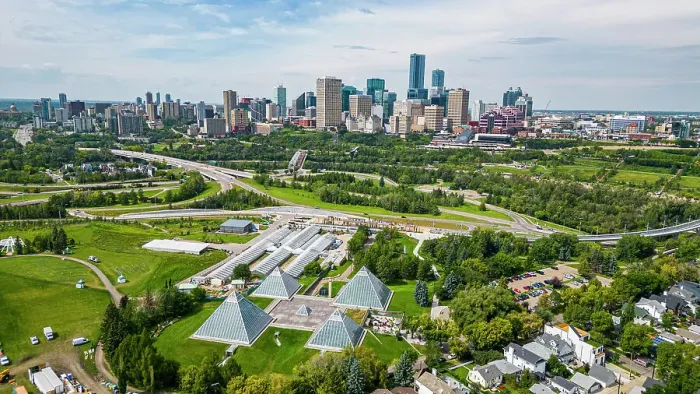 Framed Print : Aerial of the Muttart Conservatory with the skyline of Edmonton, Alberta, Canada, North America Framed Print : Aerial of the Muttart Conservatory with the skyline of Edmonton, Alberta, Canada, North America